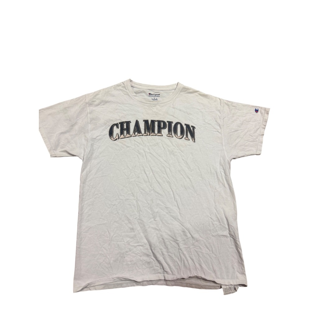 Champion Mens White Arch Logo Graphic T-Shirt Short Sleeve Cotton Size Large